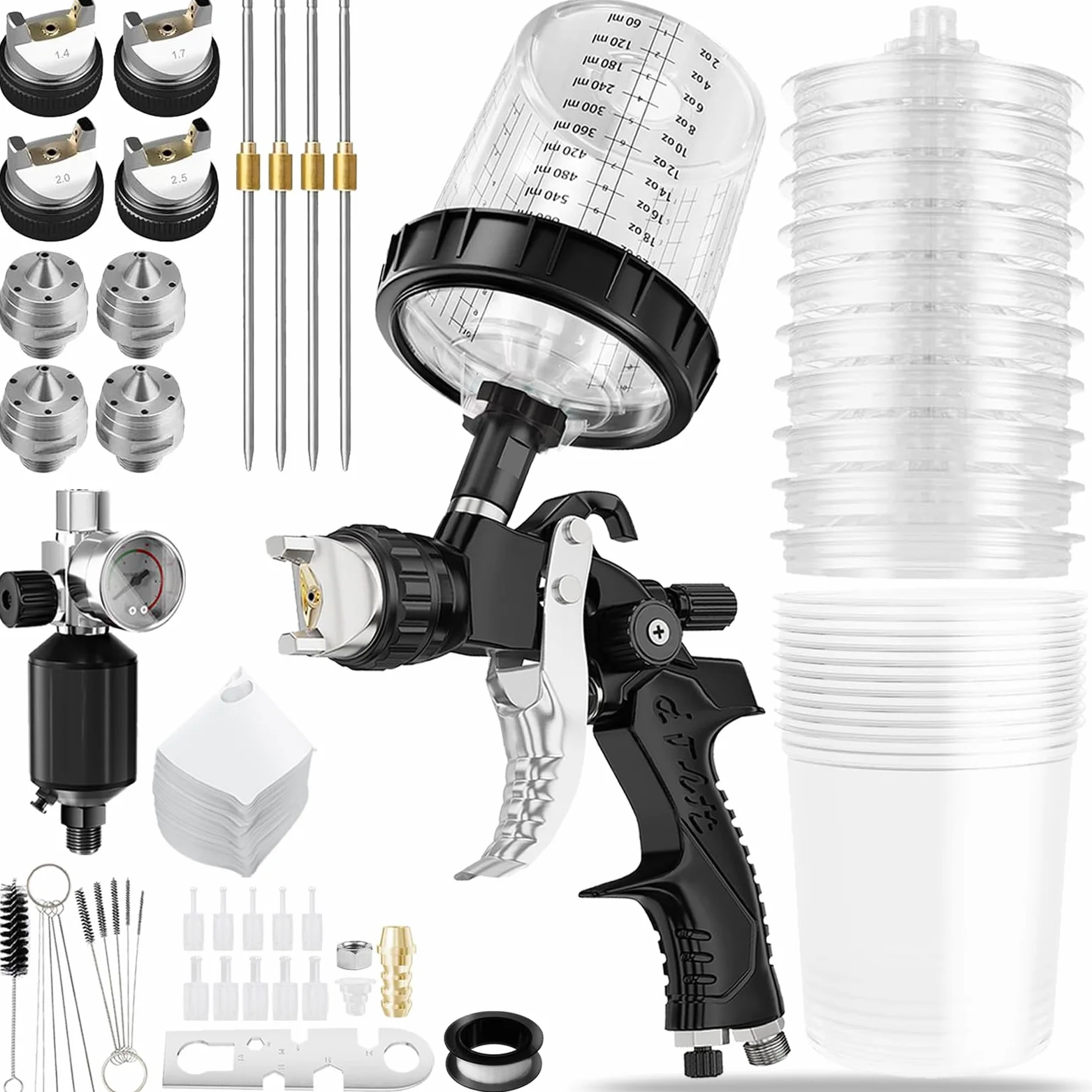 HVLP Pistola Verniciatura Professionale, Pistola a Spruzzo per Verniciare con Ugelli da 1,4/1,7/2,0/2,5 mm e Regolatore di Pressione dell'Aria, Tazze da 600ml e Accessori per Pistola a Spruzzo