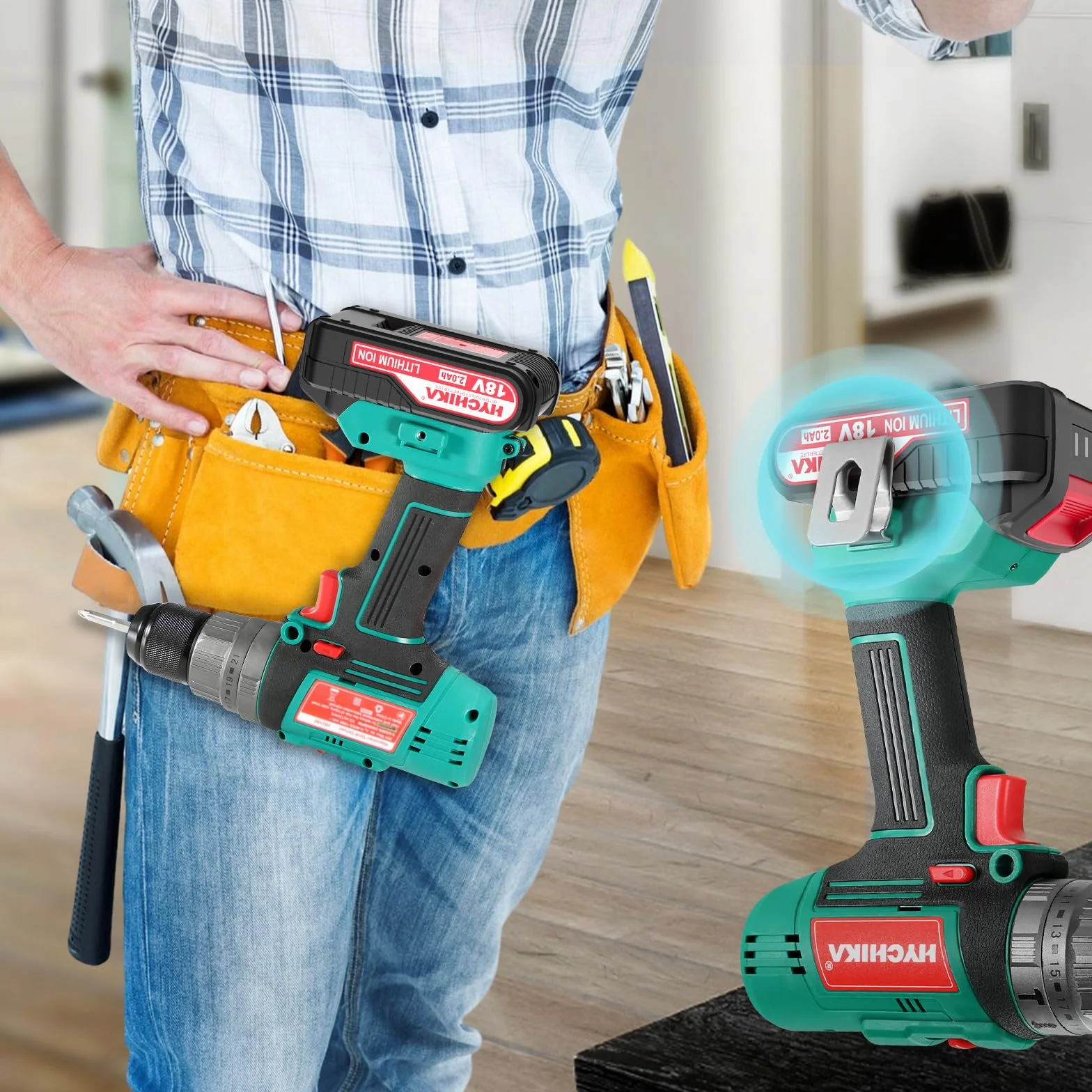 HYCHIKA Trapano Avvitatore Batteria 18V, Trapano a percussione 45 Nm, Batteria 2,0 Ah, 27 accessori, Ricarica rapida 1 ora, Coppia 21+3, 2 velocità, con illuminazione LED, per riparazioni domestiche