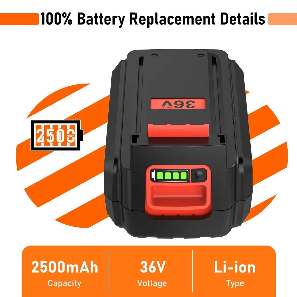 per Black Decker 36V 2500mAh batteria di ricambio 2.5Ah BL2018 LBXR20 LBXR2020-OPE LB20 LBX20 BL2018-XJ 194205-3 194309-1 194204-5 196399-0 196673-6 LXT-400 (1 * 36V 2.5Ah batteria)