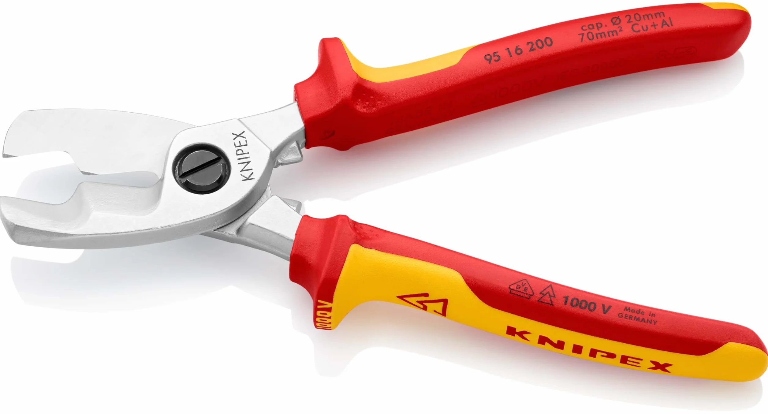 KNIPEX Cesoia per cavi con doppio tagliente cromata isolati con manici rivestiti in materiale bicomponente, collaudati VDE 200 mm, 95 16 200