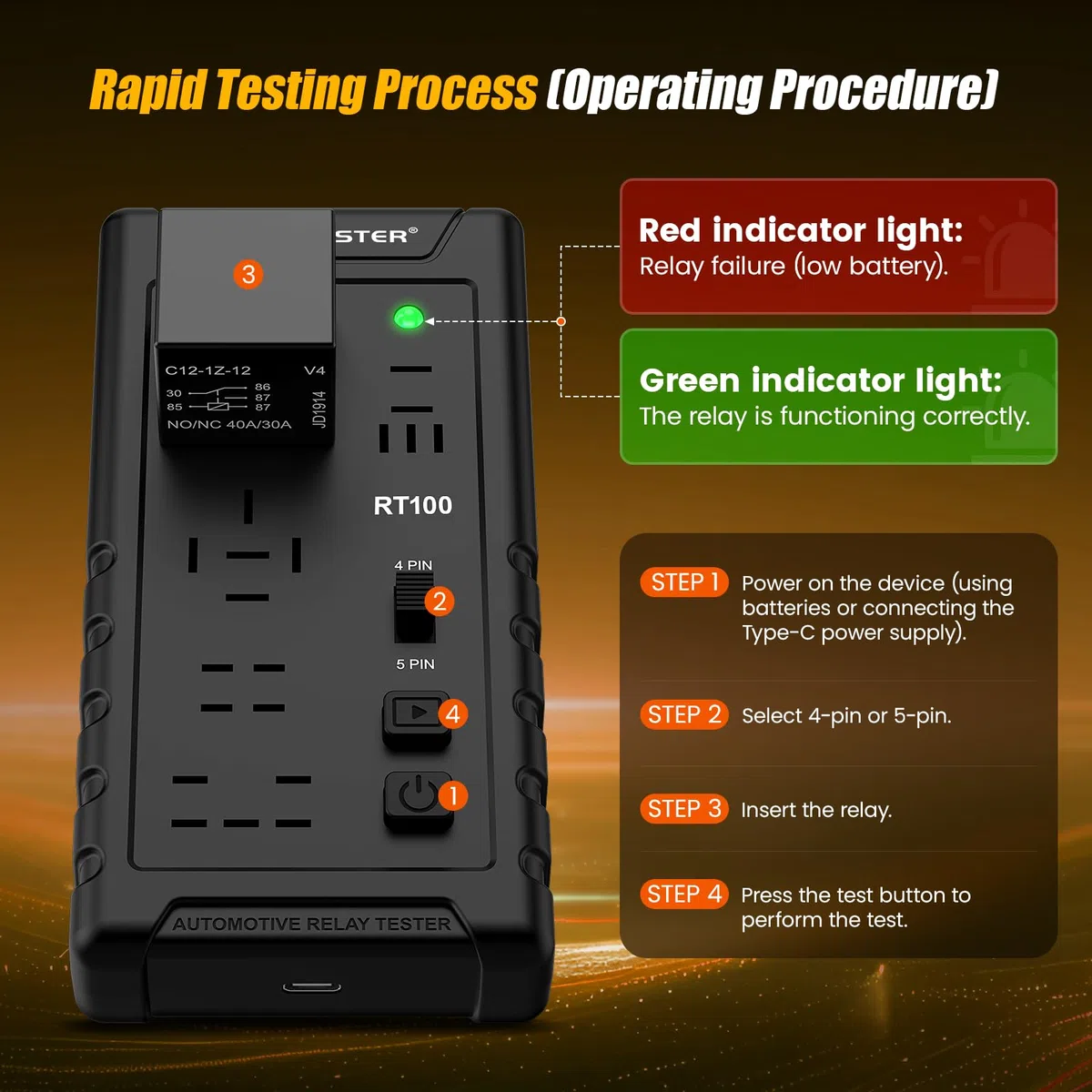 Tester relè per auto 12 V/24 V, strumento di ispezione e diagnostica wireless a 4 pin, 5 pin, adatto per tester di relè con 5 diverse posizioni di piedi, per ruote dei motori marini