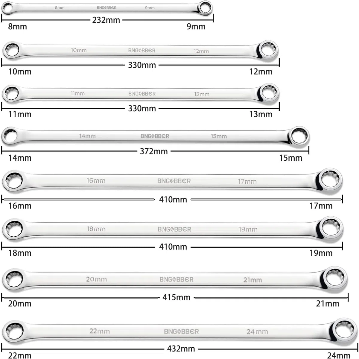 Set di 8 chiavi a doppio occhio miste, chiave poligonale extra lunga 8-24 mm