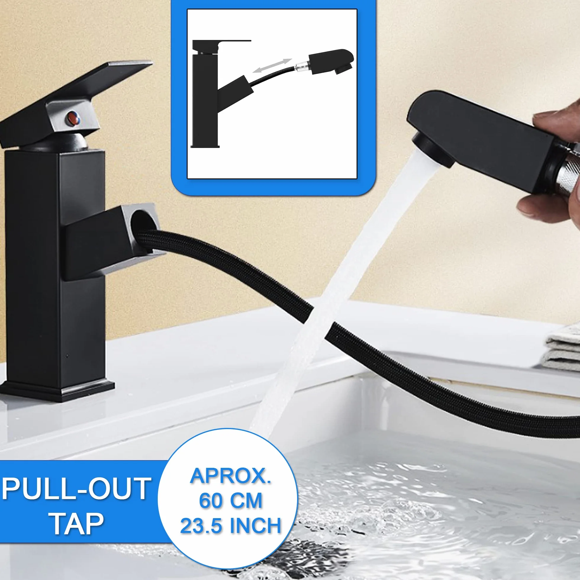 Rubinetto bagno nero con doccetta estraibile acciaio inossidabile acqua calda e fredda con 2 tubi inclusi miscelatore lavabo