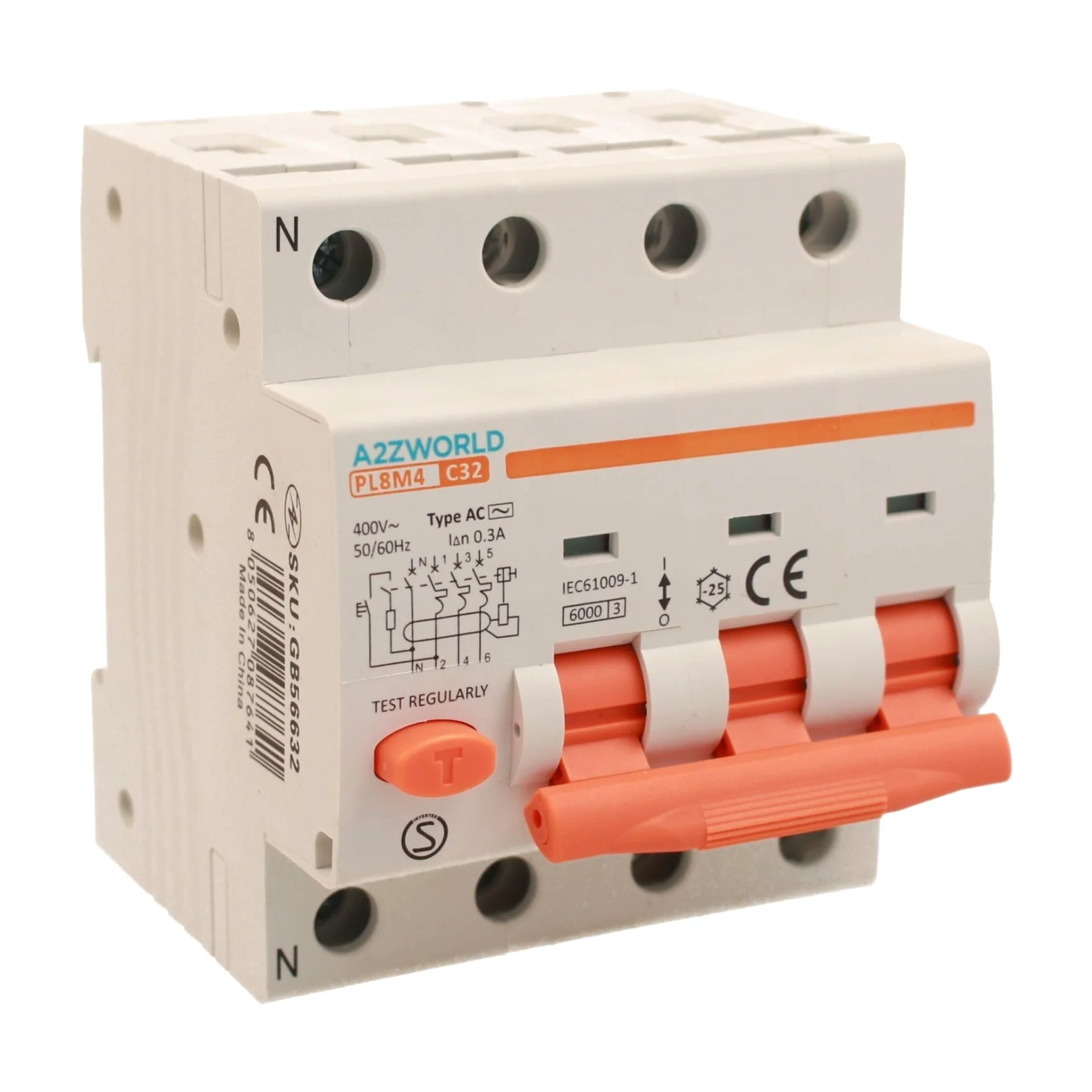 Interruttore Magnetotermico Differenziale Trifase 300mA 32A C32, RCBO Tipo AC Curva C 0,3A, 3P+N 6kA 400V, Occupa 4 Moduli DIN
