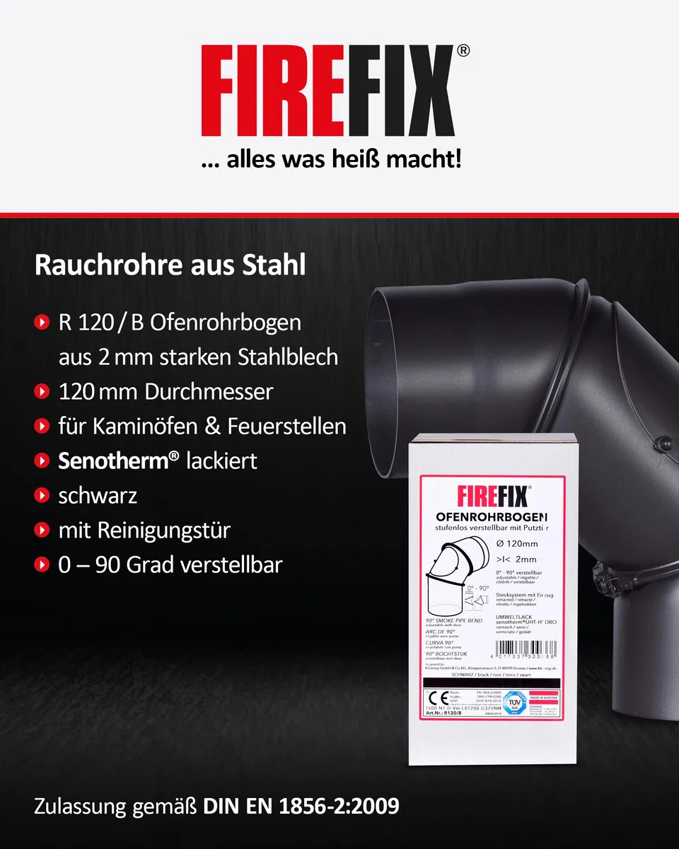 Tubo a gomito per stufa in acciaio spesso 2 mm (tubo fumo) con diametro di 120 mm, per stufe e fuochi da camino, Senotherm, nero, regolabile a 0 – 90 gradi, con porta di pulizia