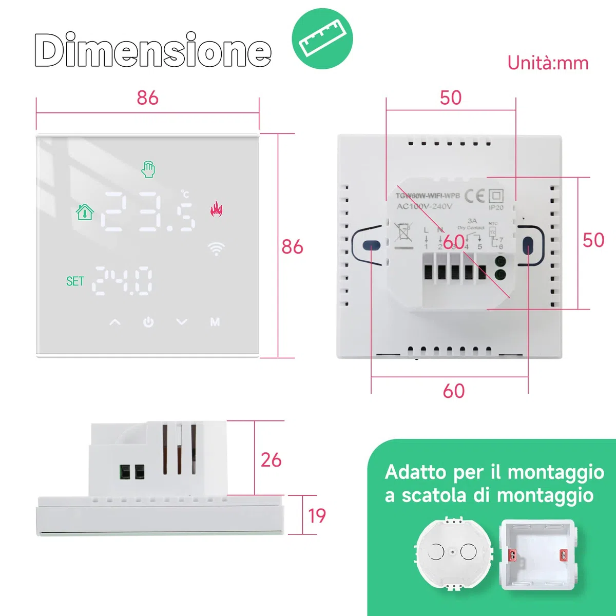 Termostato wifi caldaia a gas,Termostato programmabile settimanale intelligente，termostato controllo con Tuya samrt compatibile con Google Assistant e Alxe,Termostato ambiente digitale TGW60W-WPB