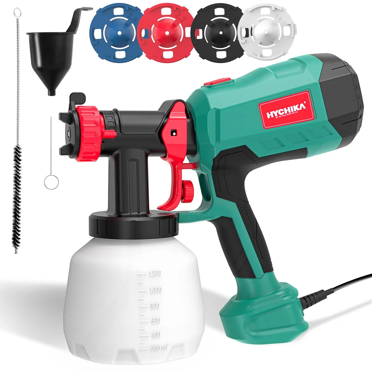HYCHIKA Pistola per Verniciare, 600W HVLP Pistola a Spruzzo per Verniciare, Serbatoio da 1200ML 4 Ugelli e 2 Strumenti di Pulizia, Spruzzatore di Vernice a 3 Modelli per Pareti e Soffitti, Recinzione