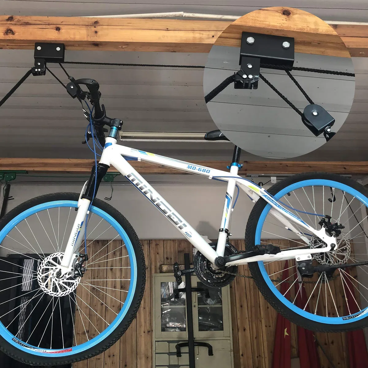 EXLECO Supporto per bicicletta da soffitto Max.57 kg Ascensore universale per bicicletta con gancio e corda adatto per biciclette e yacht
