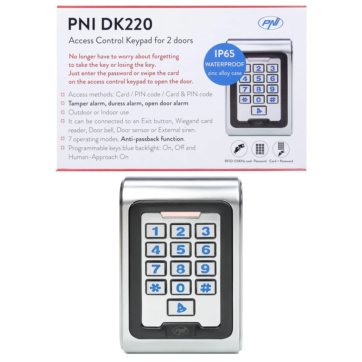 Tastiera di controllo accessi PNI DK220, stand alone, esterno e interno, IP65, con 2 relè