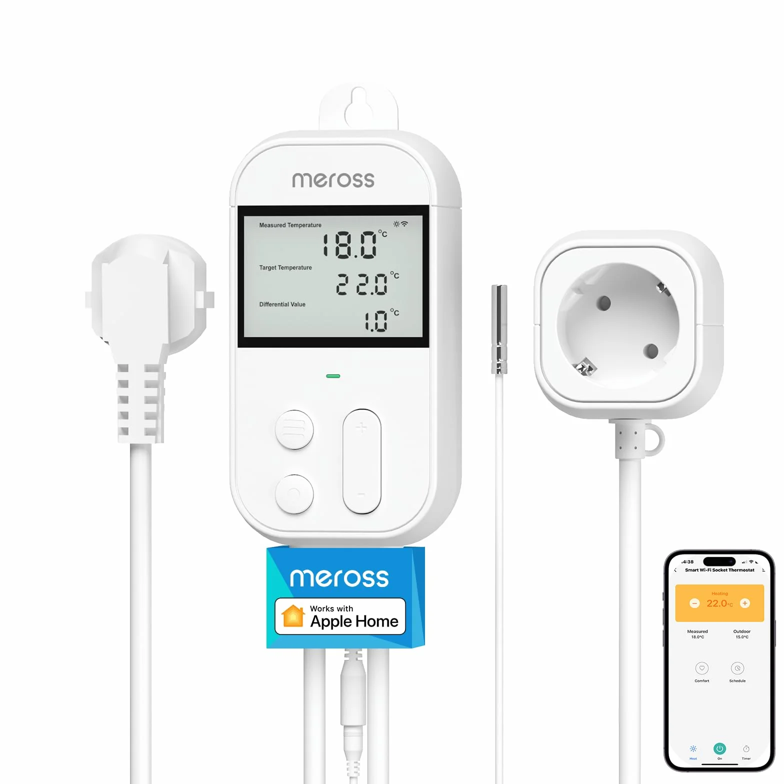 Meross Regolatore di temperatura Smart Termostato Presa per HomeKit Digitale WiFi Termostato Riscaldamento Presa con Sonda per Riscaldamento e Raffreddamento 16 A, 2,4 GHz