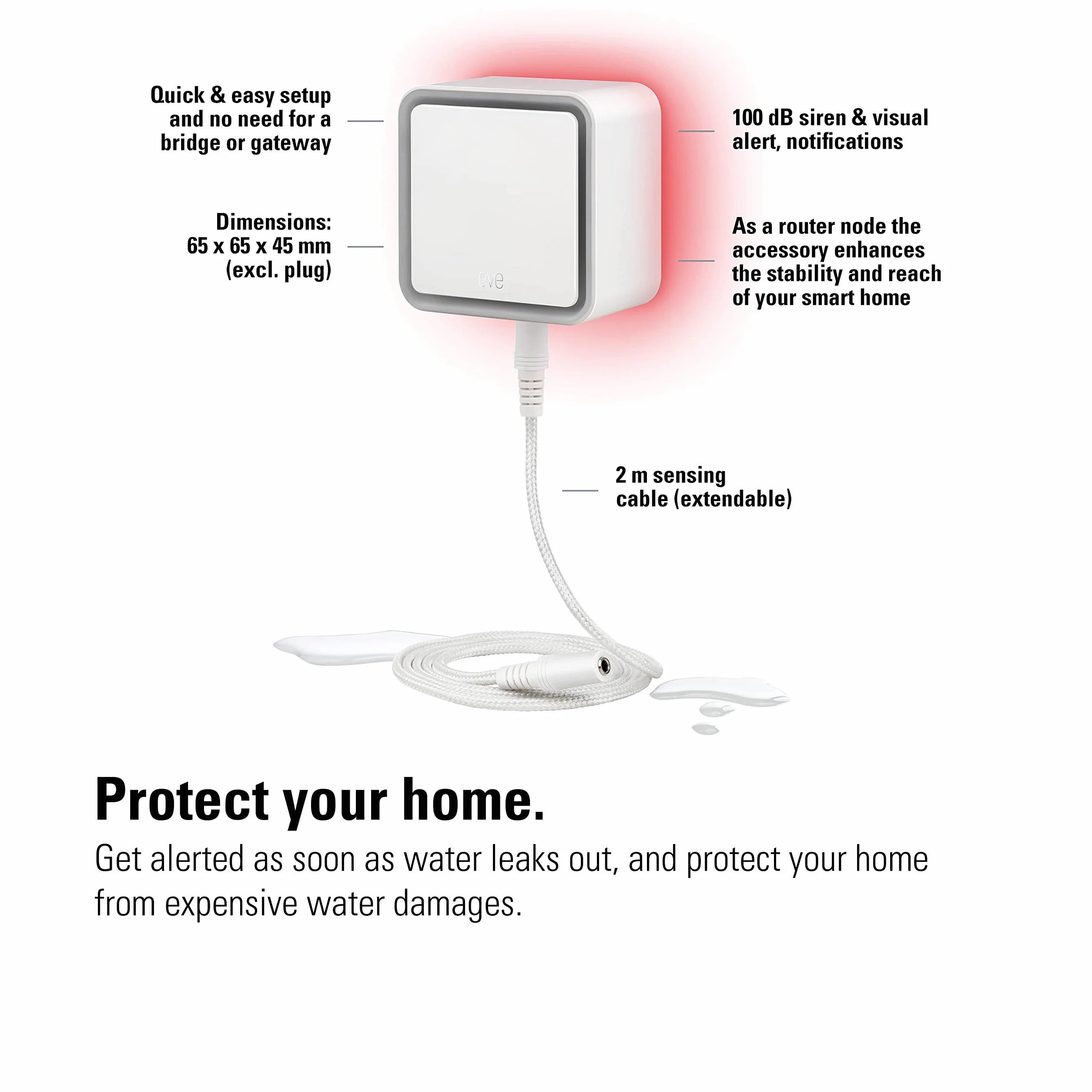 EVE Water Guard - Rilevatore intelligente di perdite d'acqua, cavo di 2 m, sirena da 100 dB, allarme di perdite d'acqua su iPhone, iPad, Apple Watch (Apple HomeKit), Bluetooth, Thread, Bianco