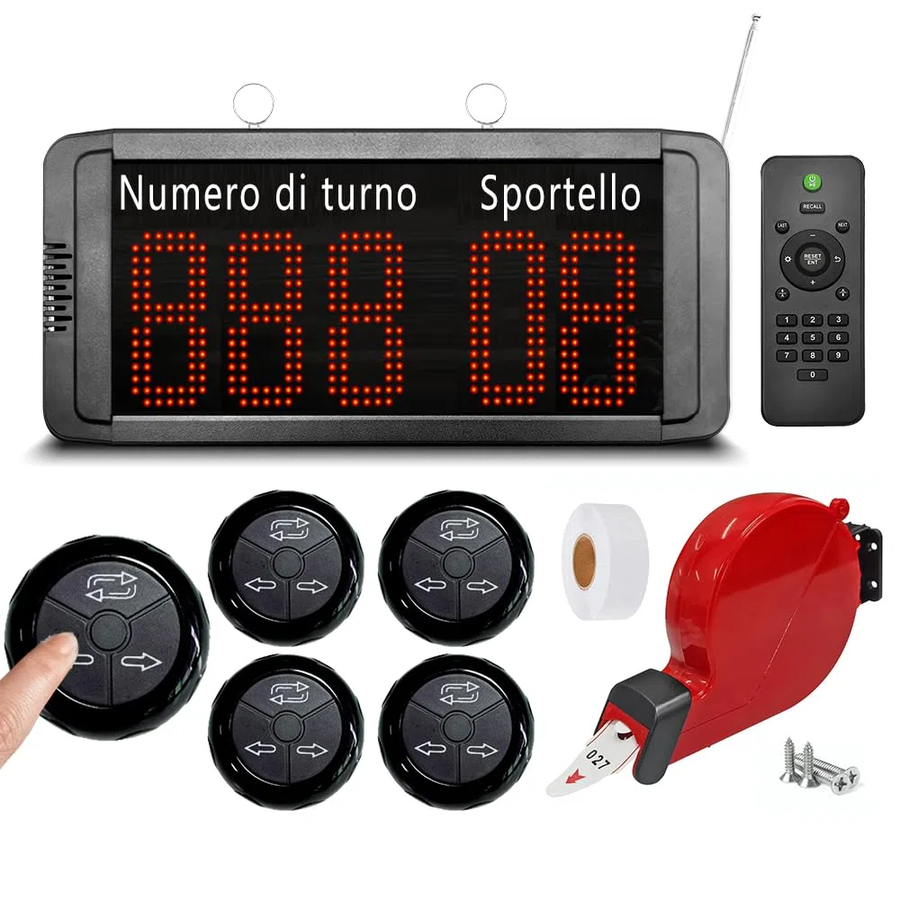 Kit Eliminacode Digitale(Chiamata in Italiano) | Display Eliminacode Elettronico(N. cliente → N. sportello) + 5 Pulsanti di Chiamata (per Banco/Sportello) | Kit con Chiocciola Eliminacode