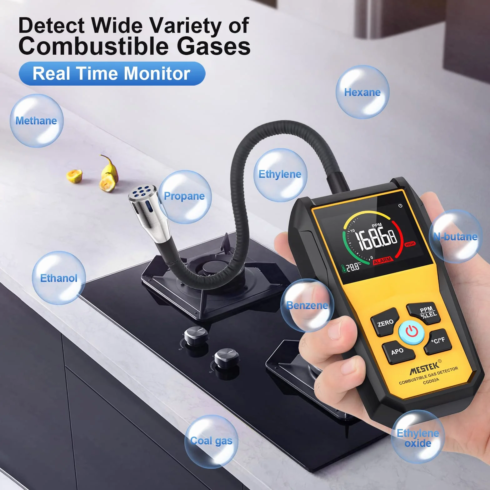 Rilevatore di Gas MESTEK Rilevatore Perdite di Gas per Metano, Gas Naturale, Propano Butano, GPL Combustibile Portatile Allarme Sonoro Casa Digital Display LED per Domestico Cucina Garage Benzina