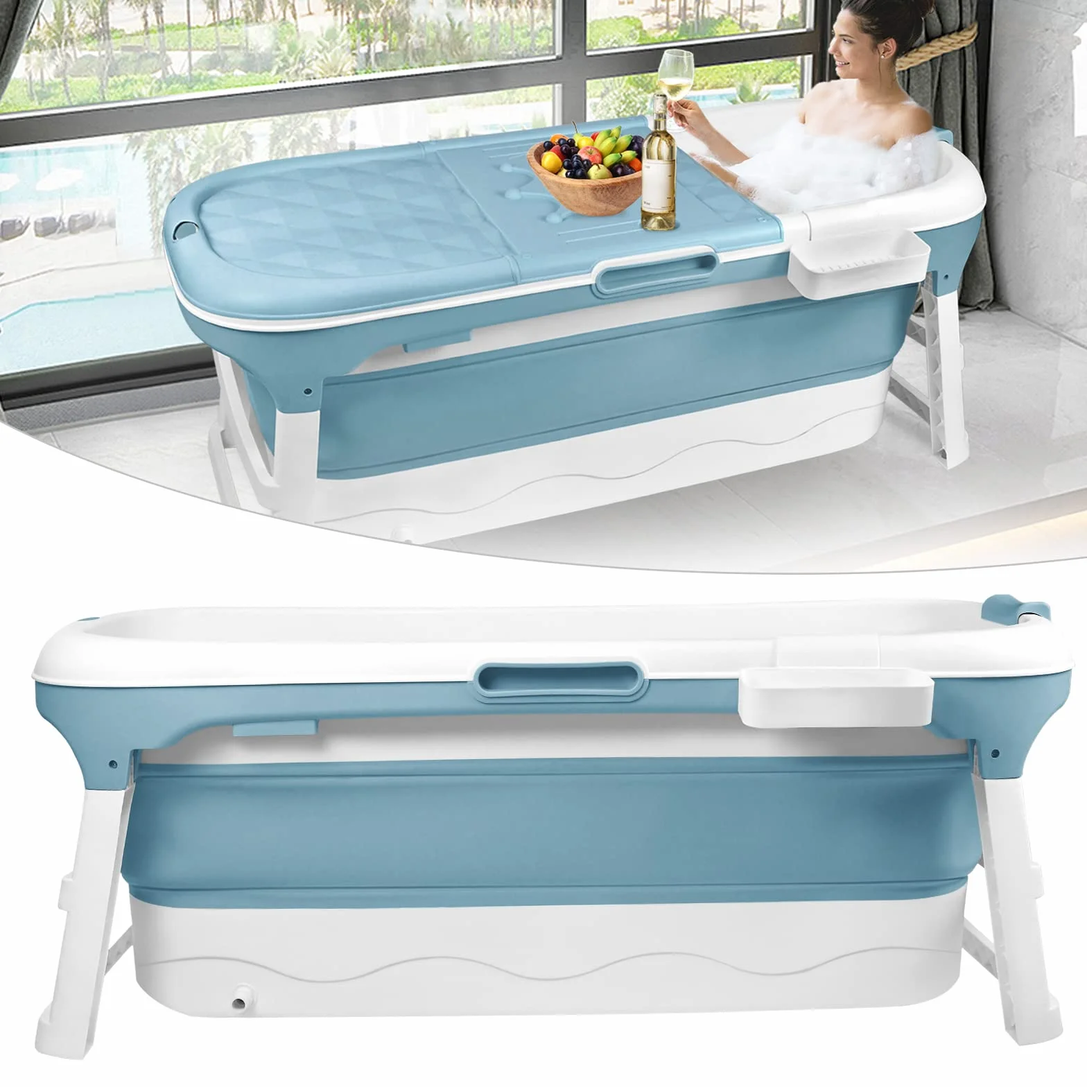 Aufun Vasca da bagno pieghevole XL 148 x 62 x 53 cm, ideale per bagno, doccia e balcone, con copertura e rulli massaggianti, cestino per il sapone, vasca portatile in plastica spessa - blu
