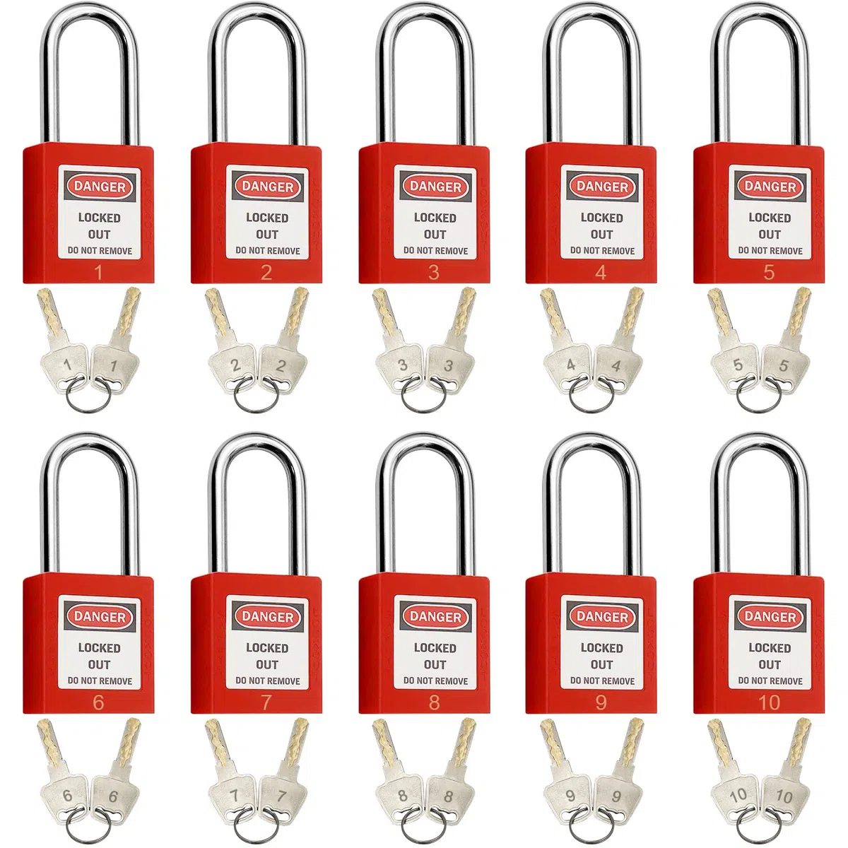 Lockout Tagout Lockout, lucchetto di sicurezza, con chiave diversa, lucchetti di sicurezza per blocco fuori tagout, 10 pezzi con numero (rosso 1-10)