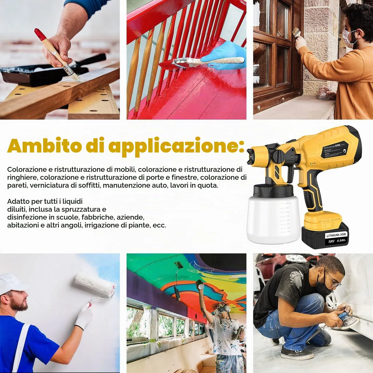 ASUNCELL Pistola Elettrica per Verniciatura, Sistema di Verniciatura a Spruzzo a Batteria con 2X Batterie da 5500mAh, Serbatoio da 1000ml, 3 Ugelli e 3 Modalità di Spruzzo