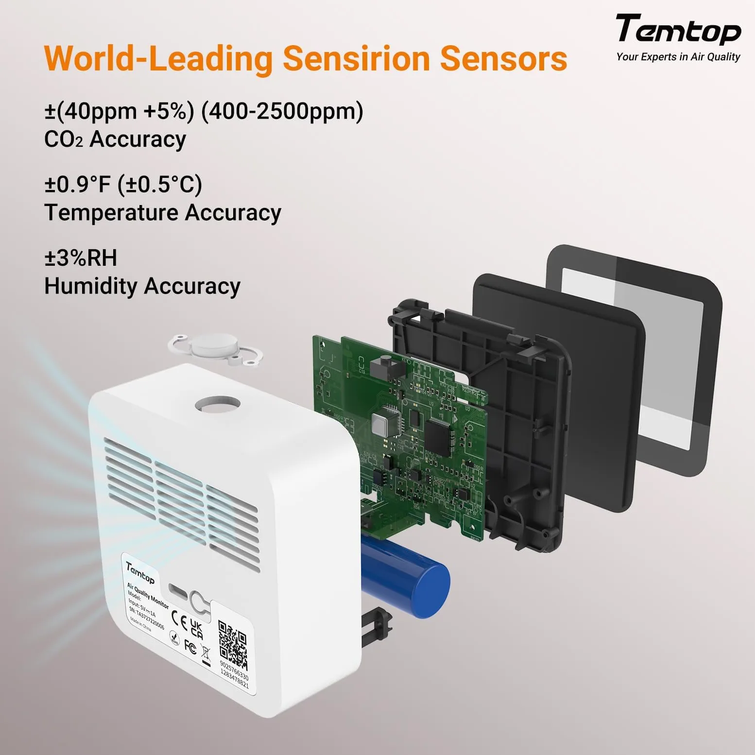 Temtop Misuratore di Qualità dell'Aria con Rilevamento CO2, Bluetooth, Monitoraggio in Tempo Reale, Termoigrometro per Interni C10 2ND