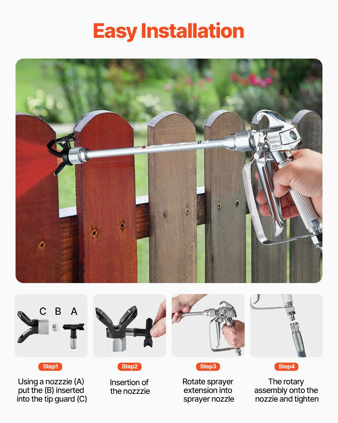 VEVOR Kit Pistola a Spruzzo Airless e Tubo Flessibile, Set Tubi Flessibili per Spruzzatore di Vernice Alta Pressione 248 Bar con 5 Ugelli, Giunto Girevole, Filtri, Tubo Flessibile, Aste di Prolunga