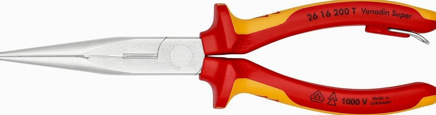 KNIPEX Pinza per meccanica - con becchi mezzotondi con tronchese (pinza a becchi di cicogna) in blister cromata isolante con manici, 26 16 200 T BK