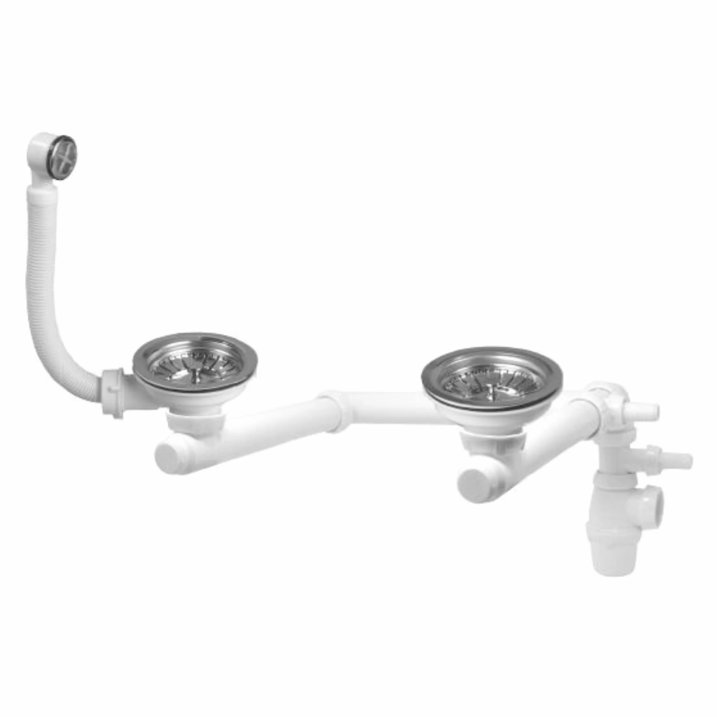 Wirquin 30723182 - Set completo di piletta e sifone per lavello 2 vasche con troppopieno rettangolare e presa lavatrice, cromato e bianco