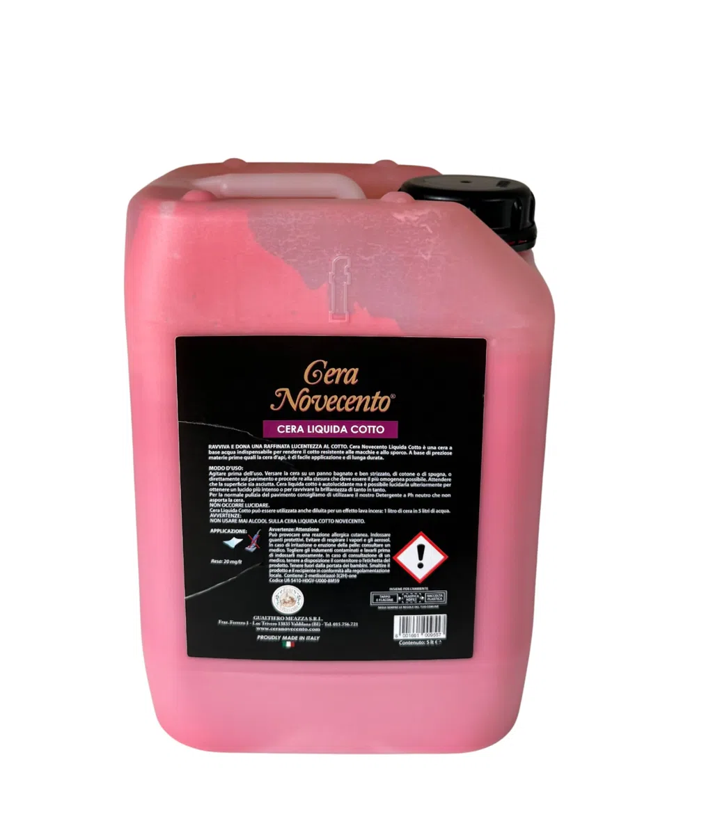 CERA NOVECENTO Cera Liquida Cotto, Rosso Casale, 5 litri Cera liquida nutriente, ravvivante e protettiva per pavimenti in cotto, autolucidante