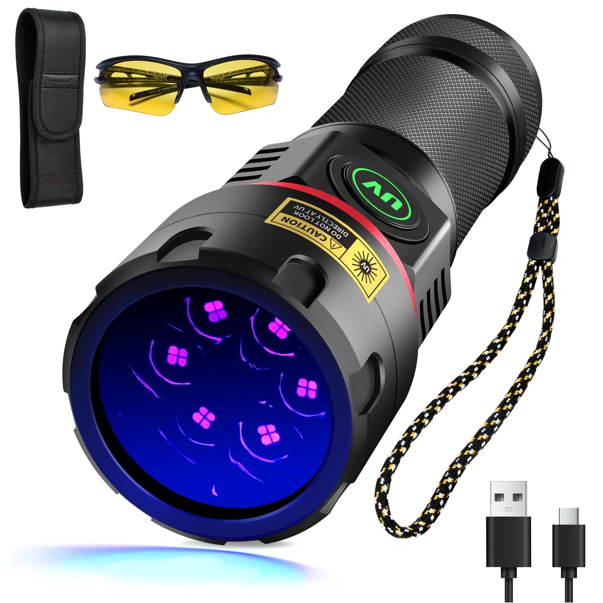 DARKBEAM Torcia UV 365nm 6x LED [4-core] Torce Luce nera ultravioletta, Lampada di Wood Portatile ricaricabile 80W, Rilevatore di Urina di Cane/Gatto, per minerale, ambra, vetro uranio, sangue, resina