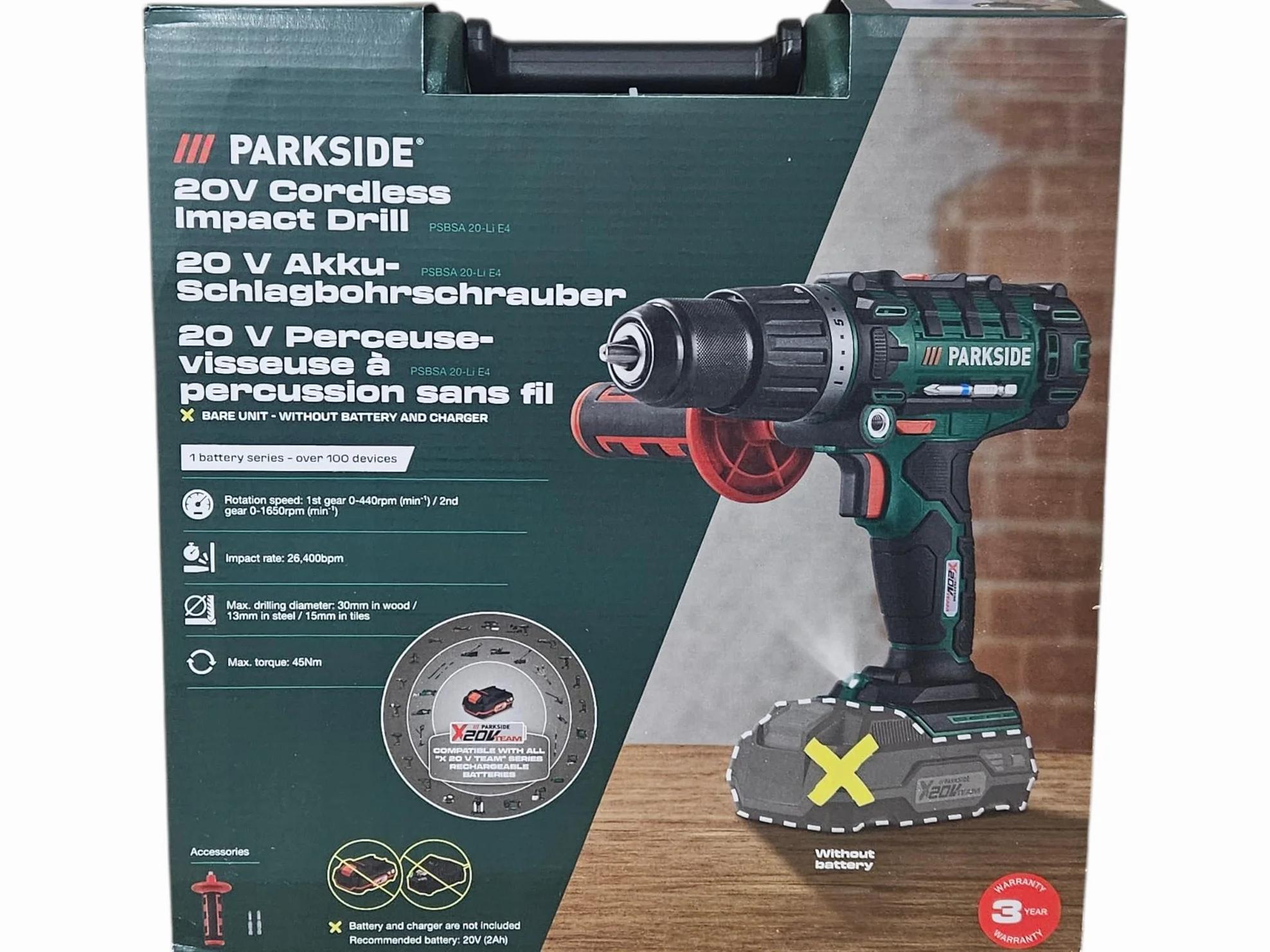 Trapano a percussione a batteria 3-in-1 Parkside PSBSA 20-Li B2 Unità nuda senza batteria o caricabatterie