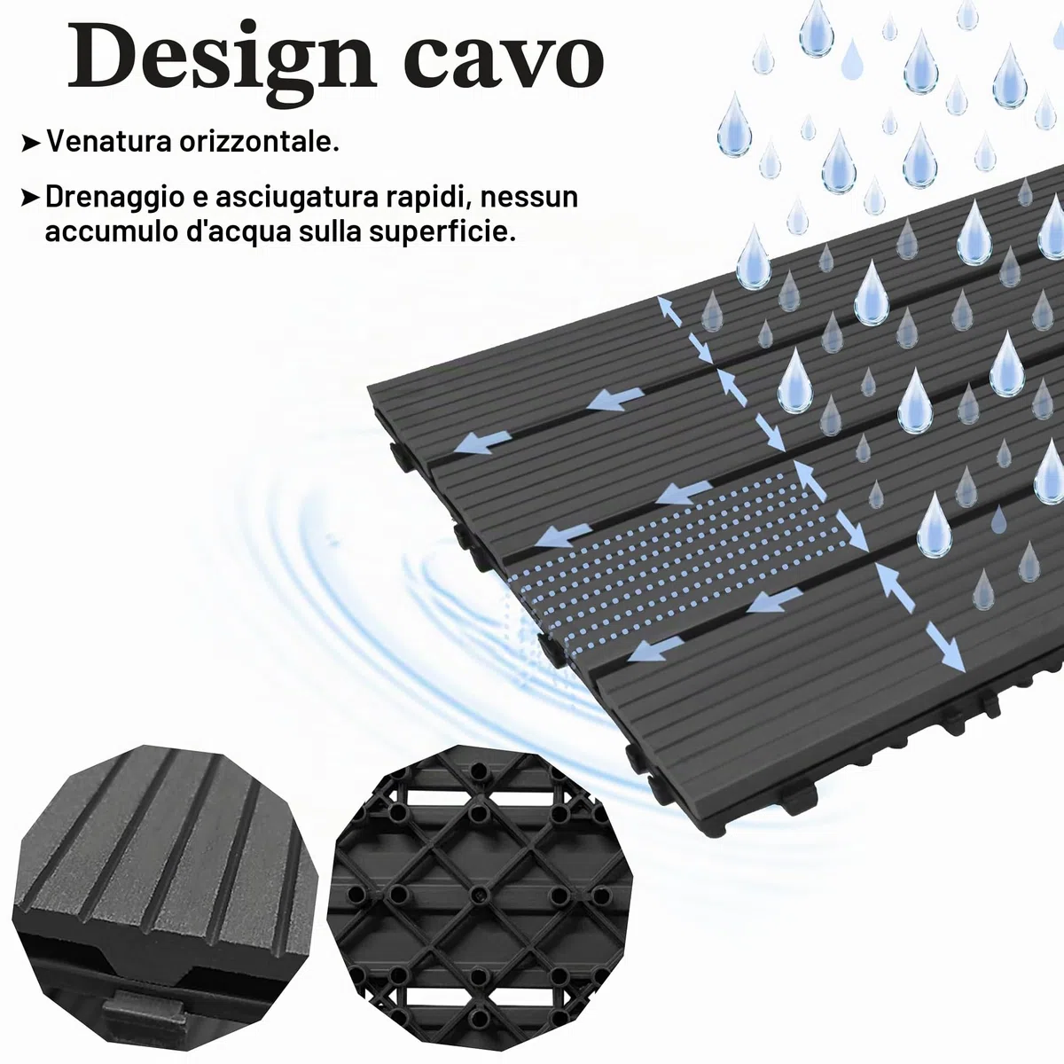WPC - Piastrelle per terrazze, 60 x 30 cm, effetto legno, con rete di drenaggio in plastica, resistente alle intemperie, set da 6 pezzi, per pavimenti da 1 m², per esterni, balcone, terrazza,