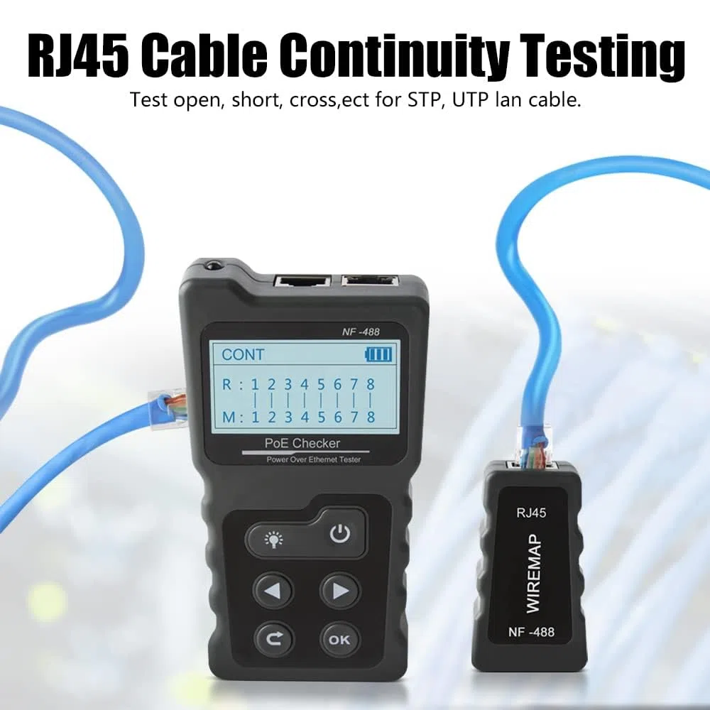 Tester di rete RJ45 con display LCD, tester per cavi NF-488 con funzione POE per verificare il cortocircuito, lo stato di interruzione di cavi di rete Cat5/Cat6, test di tensione e corrente