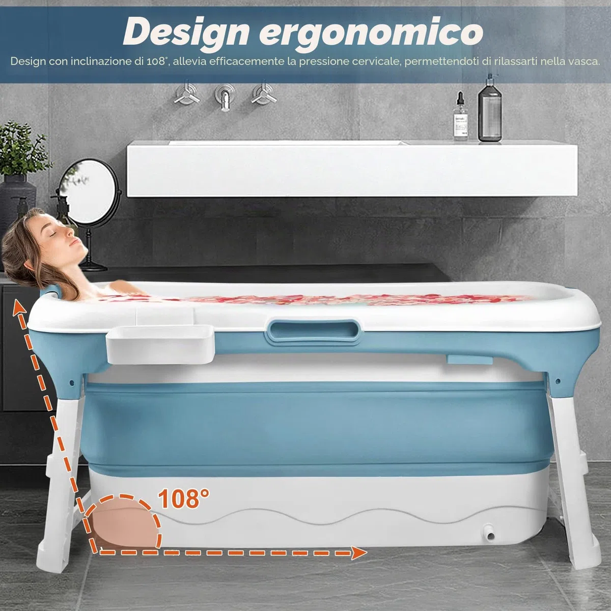 UISEBRT Vasca da bagno pieghevole per adulti XXL, vasca da bagno pieghevole 148 x 62 x 53 cm, vasca da bagno pieghevole portatile con copertura rimovibile, portasapone, rulli massaggianti, per bagno