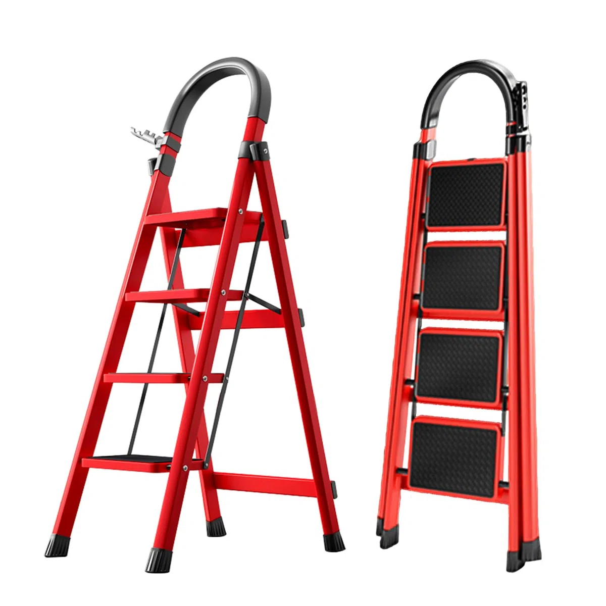 SEVEN COMFORT Scaletta pieghevole con corrimano, 4 gradini, antiscivolo, facile da riporre, ampi gradini, adatta per cucina, casa e soggiorno, portata fino a 150 kg (rosso, 4 livelli)