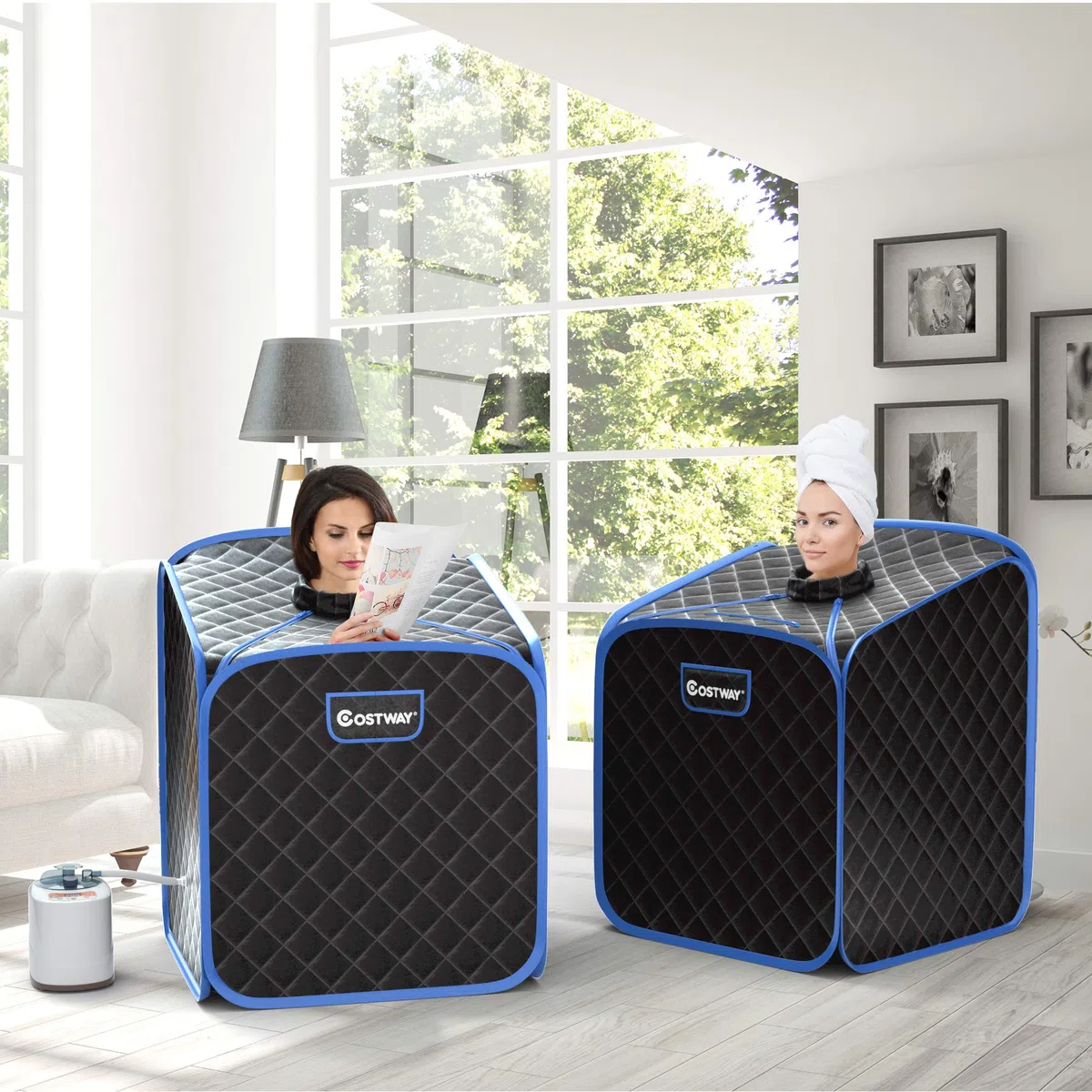 COSTWAY Cabina Sauna a Vapore, Sauna da Casa Portatile con Telecomando, 9 Livelli di Temperatura, Timer 99 Minuti e Sedia Pieghevole, Spa Personale per Casa (Nero)