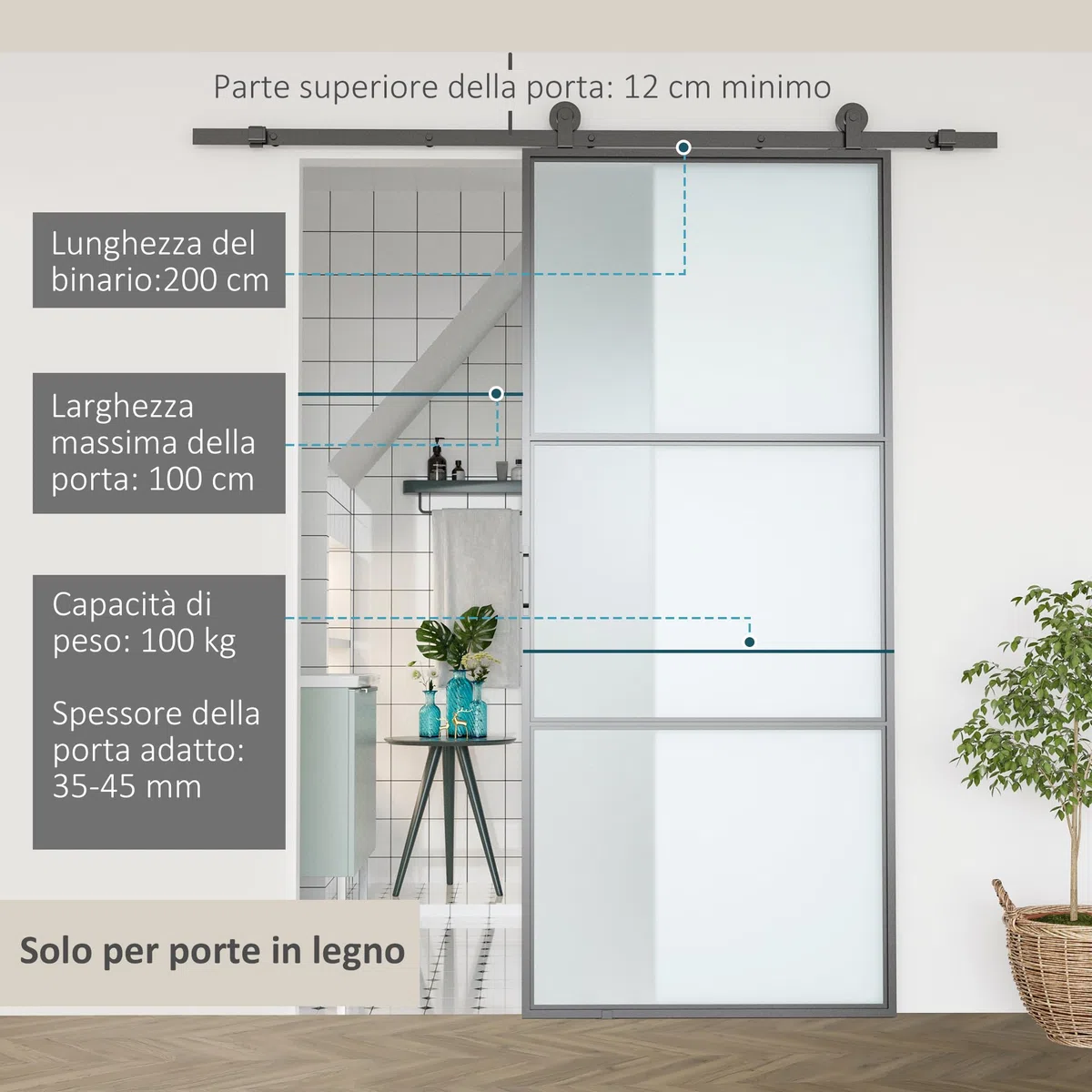 HOMCOM Kit Porta Scorrevole con Binari, Fermi e Guide, Kit per Porte Scorrevoli in Acciaio al Carbonio, 200x40x0.6 cm, Nero