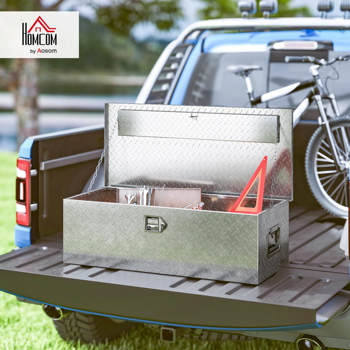 HOMCOM Cassetta degli Attrezzi in Alluminio con Serratura 2 Chiavi, Maniglia Laterale, Cassa Box Portautensili 43L Resistente, Scatola Portaoggetti per Pick-Up Camper Rimorchi, 76.2x33x24.4cm, Argento
