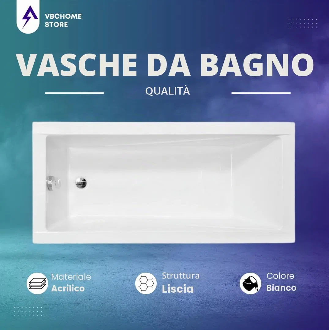 VBChome Vasca da bagno in acrilico, 130 x 70 cm, set di grembiule, sifone in acrilico, rettangolare, colore bianco, design moderno, piedini per vasca da bagno, scarico cromato