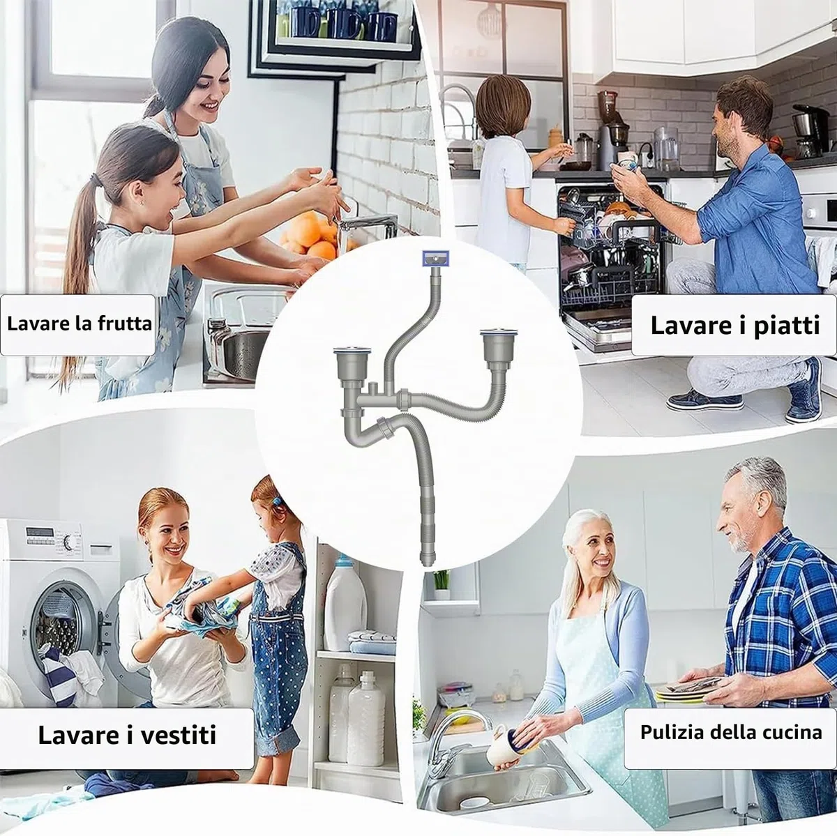 Tubo di Scarico per Lavello da Cucina, Sifone per Doppio Lavello, Sifone Antiodore Regolabile Individualmente, Sifones per Lavello con Collegamento a Lavastoviglie, per il Bagno Domestico Moderno