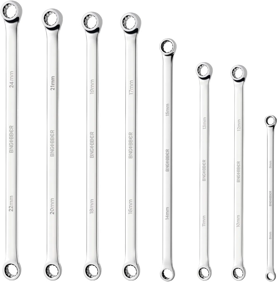 Set di 8 chiavi a doppio occhio miste, chiave poligonale extra lunga 8-24 mm