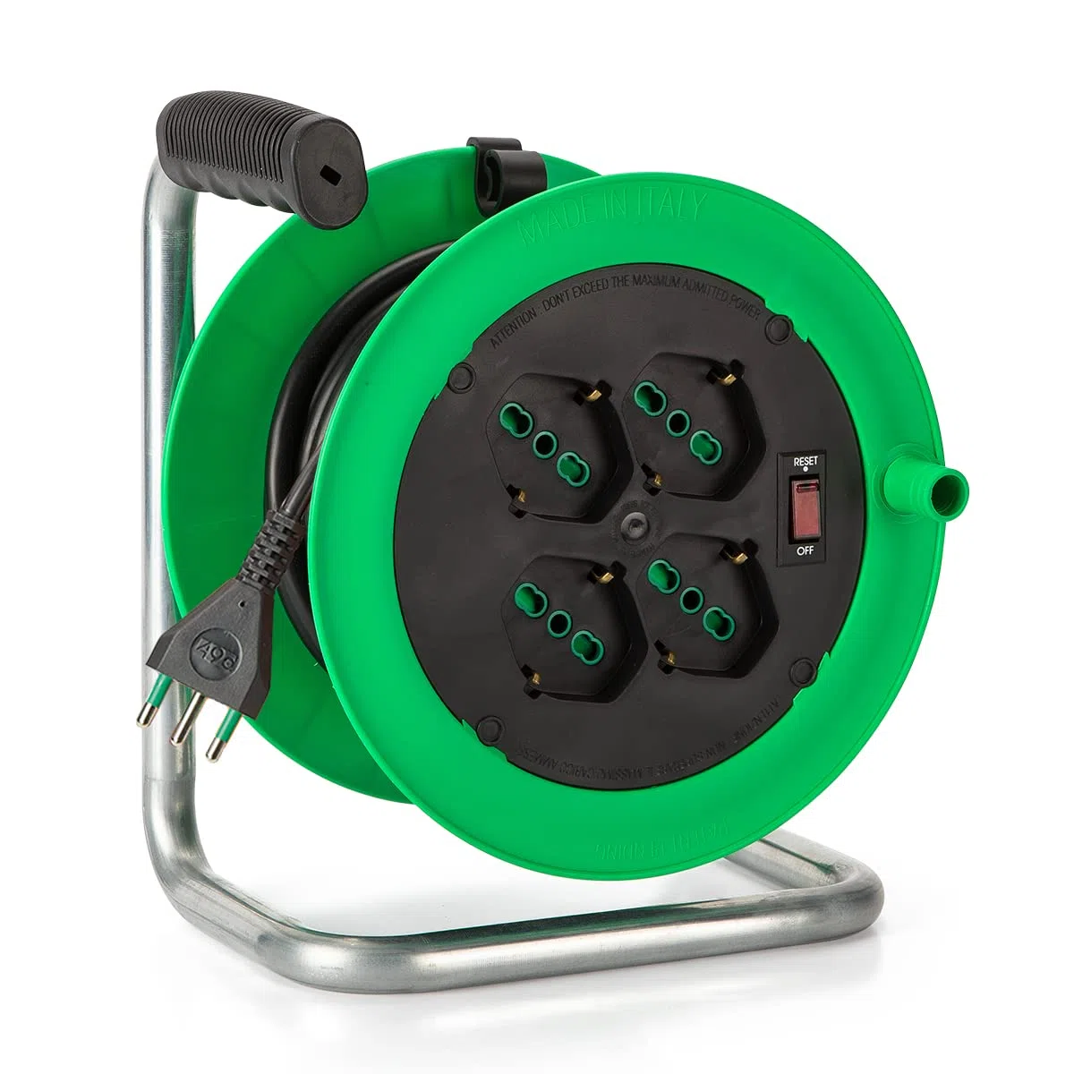 FANTON 146106 Avvolgicavo ZEUS Ø 195 mm. cavo 15 m. 3G1 H05VV-F spina italiana 2P+T 10A 4 prese bipasso italo/tedesche 2P+T 16A disco prese Ø 145 mm. + interruttore automatico luminoso di sovraccarico
