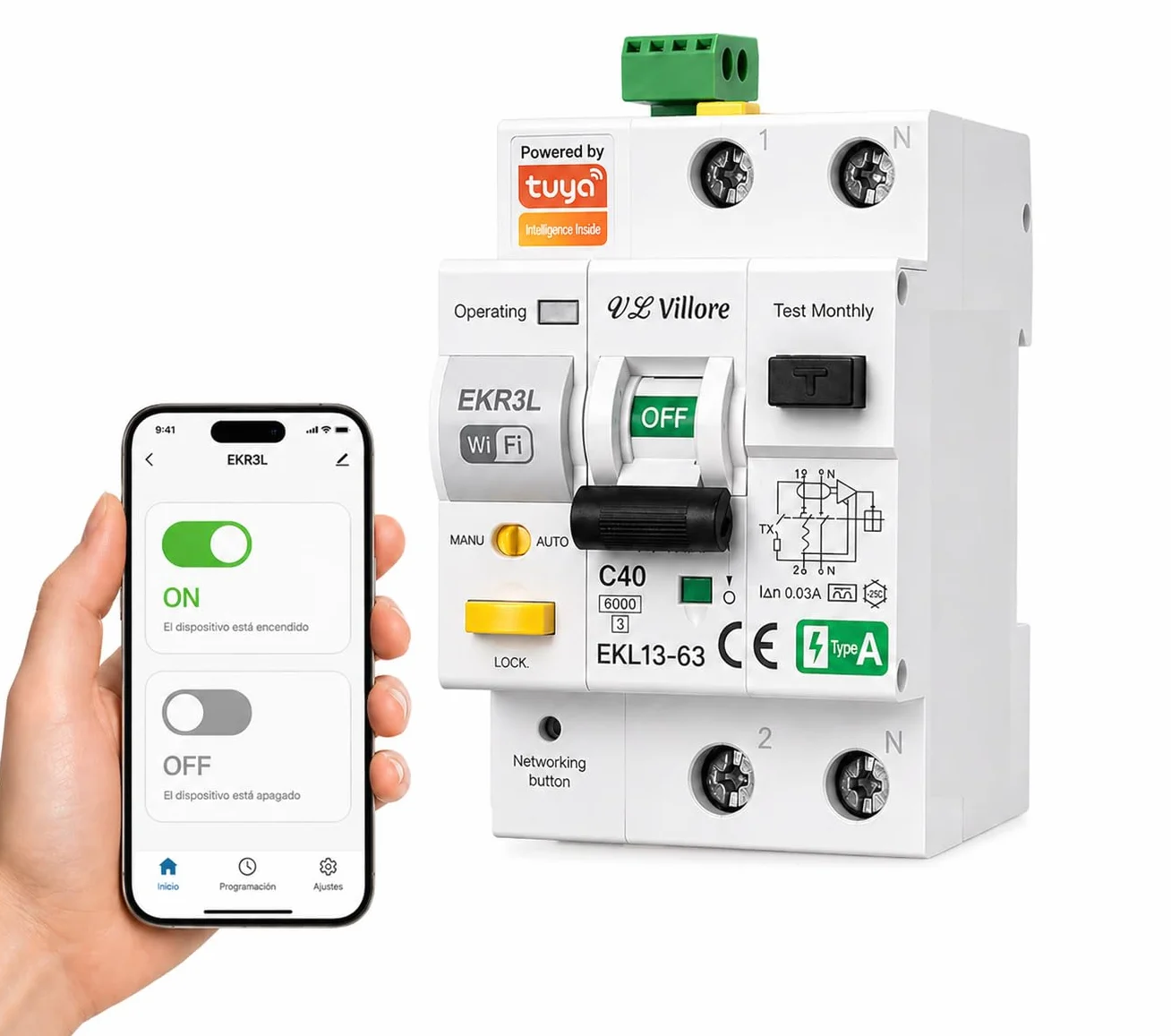 Differenziale auto riarmabile wifi incorporato superimmunizzato -RCBO Differenziale con magnetotermico incorporato- Classe A 40A 30mA 6Ka Interruttore Rearmable Rail Din