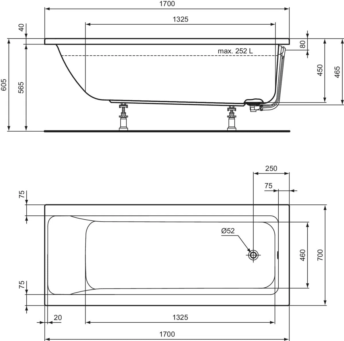 Ideal Standard Serie Connect Air Vasca da Bagno 170x70cm T361701 da Incasso Solo Guscio, Bianco