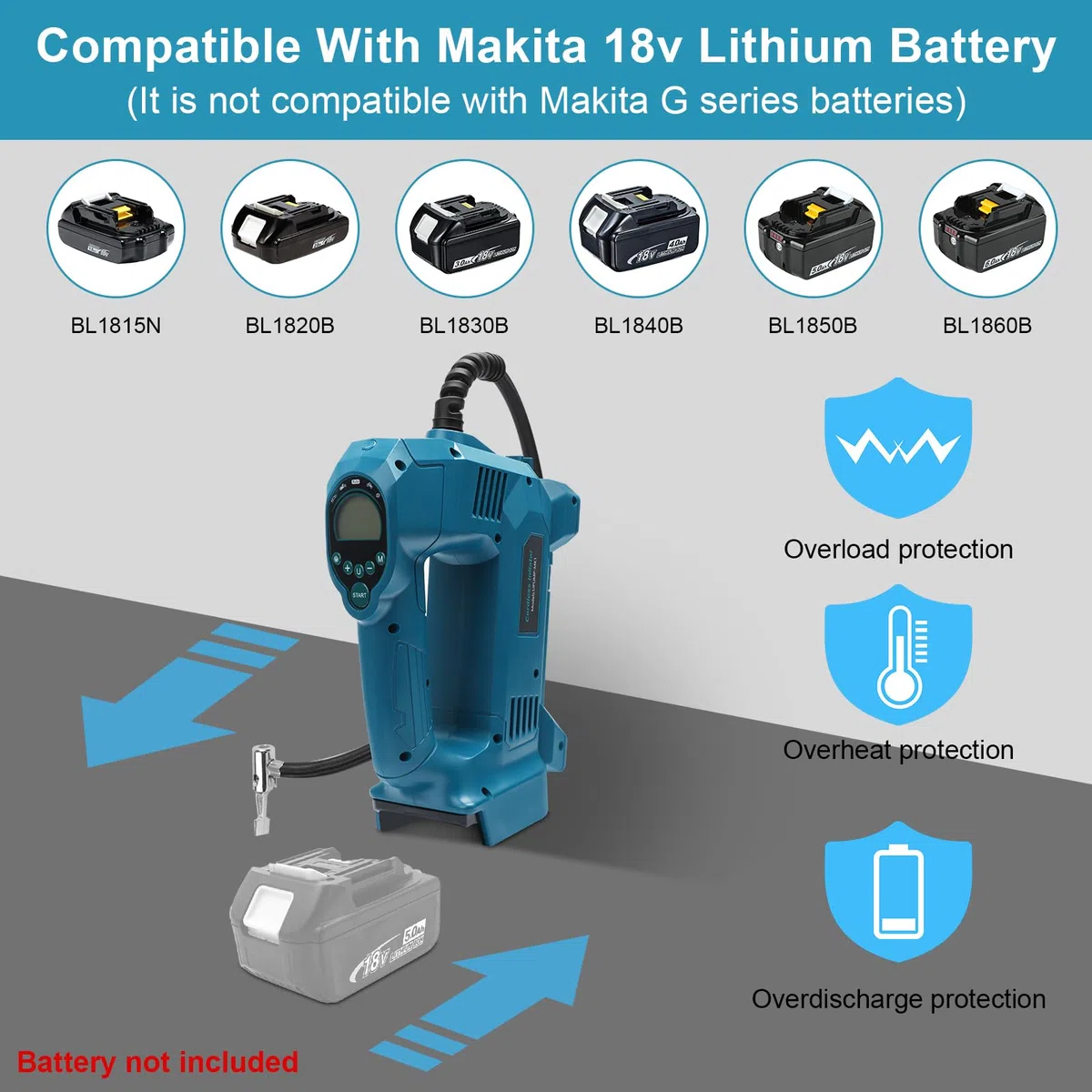 QUPERR Compressore d'aria portatile compatibile con batterie Makita 18V, Gonfiatore elettrico fino a 10,3 bar con luce LED e arresto automatico per auto, moto, bici, palloni (senza batteria)