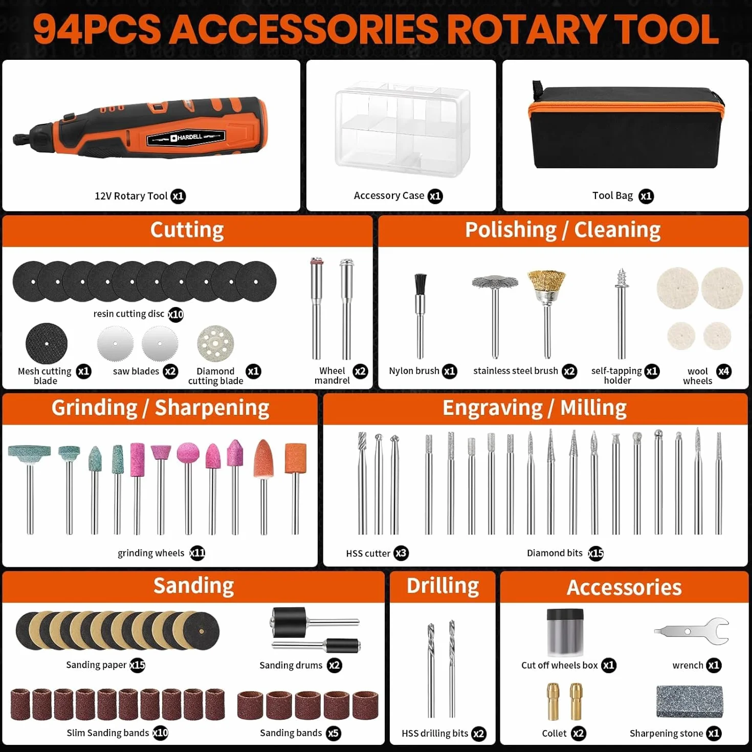 HARDELL Utensili Rotanti Multifunzione, 12V Mini Trapano a Batteria con 6 Velocità Regolabil e 94 Accessori per Taglio, Incisione, Foratura, Lucidatura, Smerigliatura, Levigatura, Fai da te