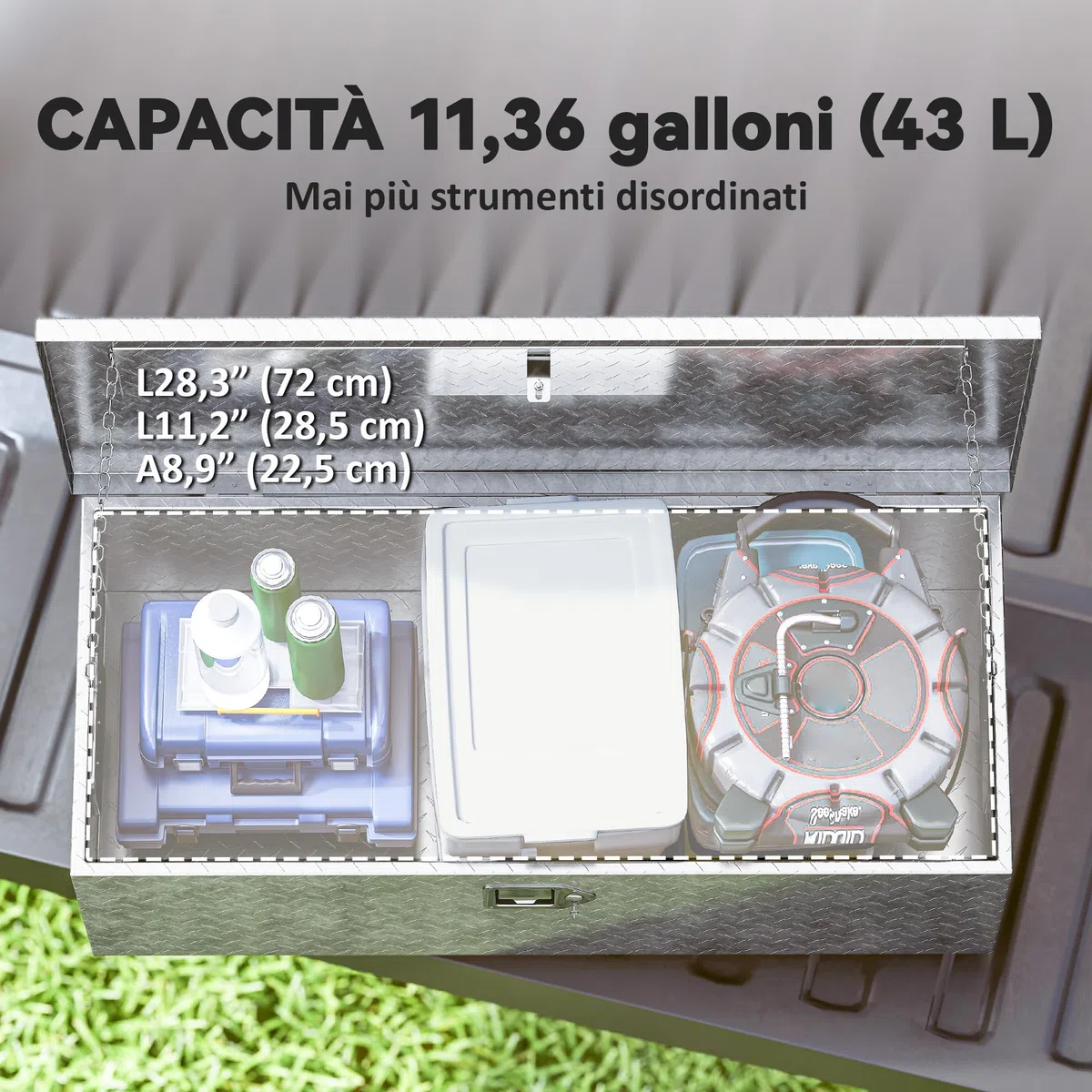 HOMCOM Cassetta degli Attrezzi in Alluminio con Serratura 2 Chiavi, Maniglia Laterale, Cassa Box Portautensili 43L Resistente, Scatola Portaoggetti per Pick-Up Camper Rimorchi, 76.2x33x24.4cm, Argento