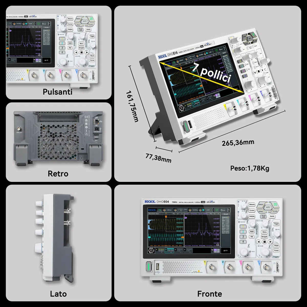 RIGOL Oscilloscopio digitale DHO804 70 MHz, 4 canali analogici, 1 canale EXT, fino a 25 Mpts profondità di memoria, fino a 1,25 GSa/s frequenza di campionamento in tempo reale, 3 anni di garanzia.