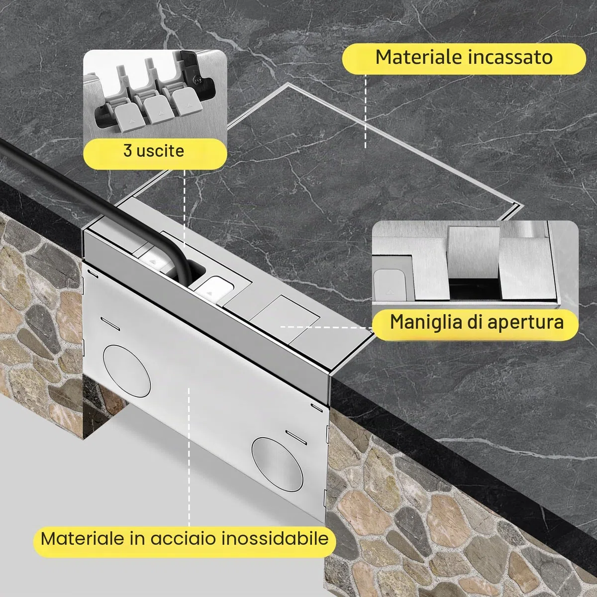 Scatola di corrente da incasso a pavimento 16A 4000W in acciaio inox impermeabile, 2 prese elettriche UE, set da pavimento retrattile per cucina, soggiorno, ufficio, hotel