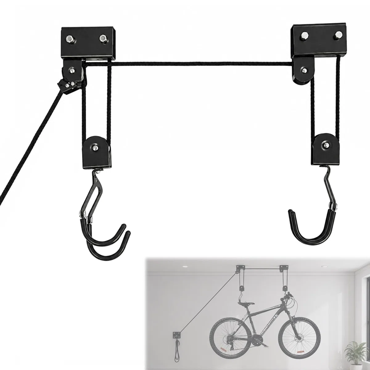 EXLECO Supporto per bicicletta da soffitto Max.57 kg Ascensore universale per bicicletta con gancio e corda adatto per biciclette e yacht