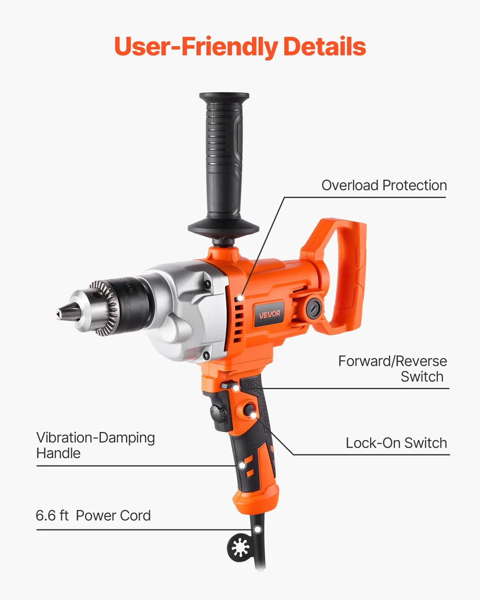 VEVOR Trapano Miscelatore Elettrico 15,89 mm 1100 W con Agitatore per Miscelazione 850 giri/min 3,2 A Trapano Miscelatore con Impugnatura a D per Foratura e Miscelazione per Cemento