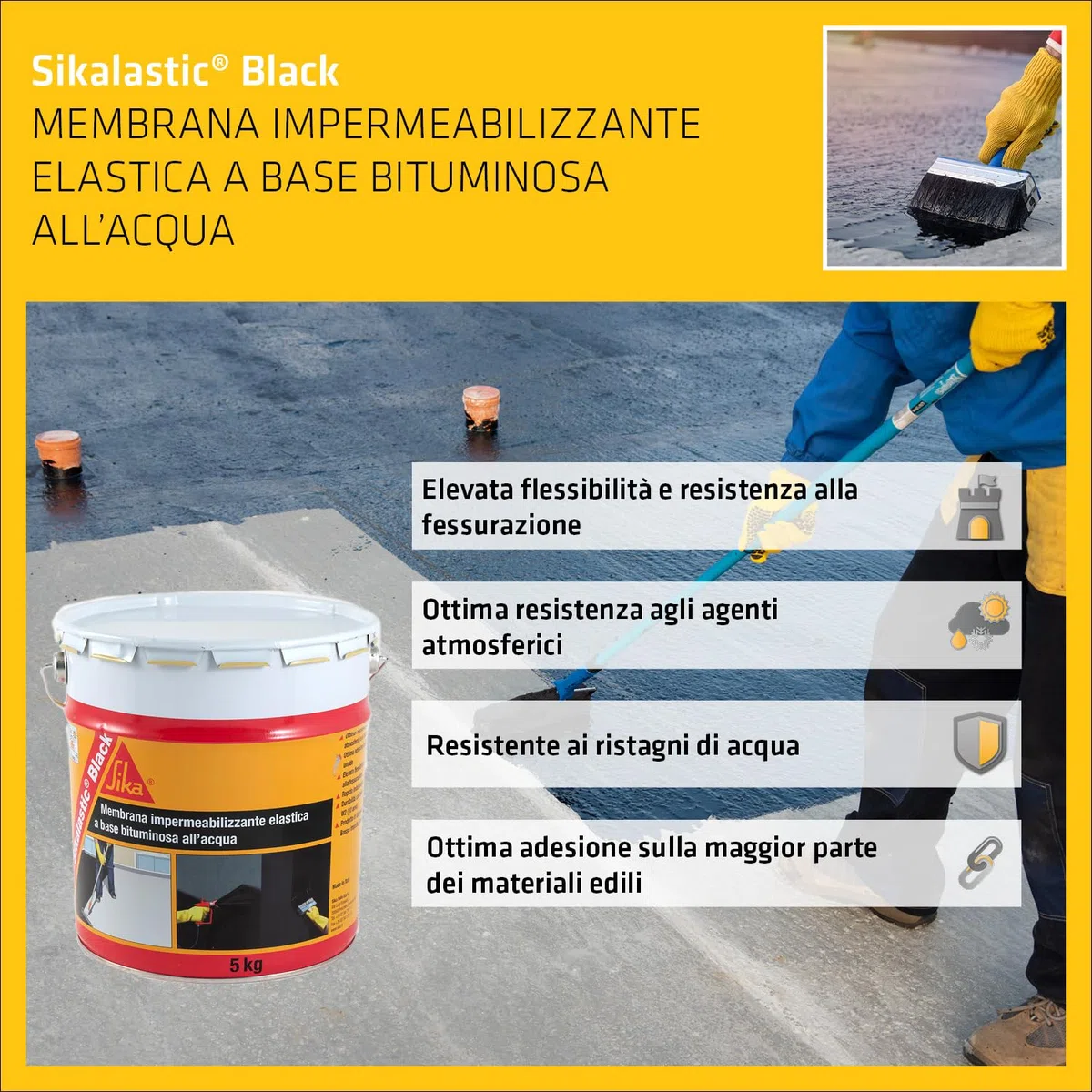 SIKA - Membrana bituminosa liquiva - Sikalastic Black, Nero - Protezione forte e flessibile per muri contro terra - Facile da applicare con pennello o rullo - 5kg