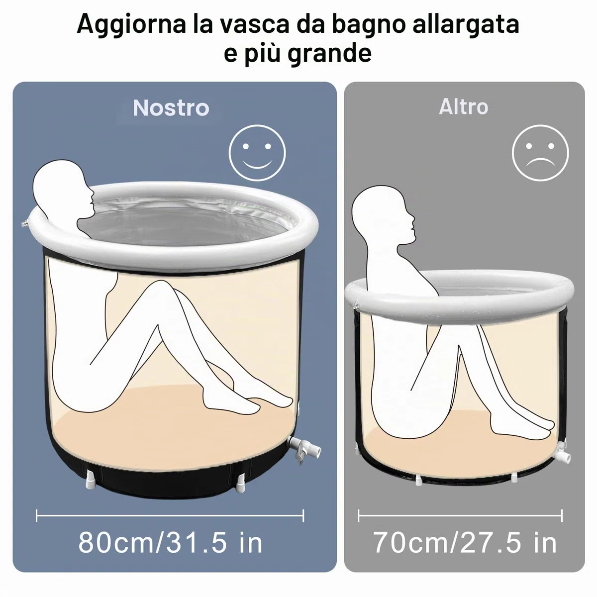 Vasca da bagno pieghevole con coperchio, 80X80 cm, grande bagno di ghiaccio, gonfiabile, vasca da bagno per adulti, botte di ghiaccio per attività all'aperto, vasca da bagno indipendente