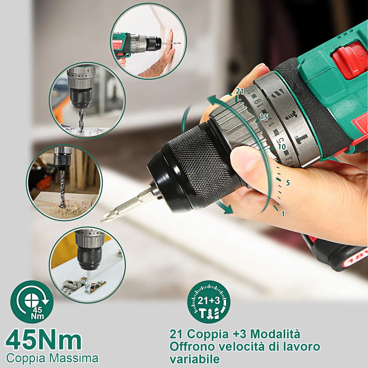 HYCHIKA Trapano Avvitatore Batteria 18V, Trapano a percussione 45 Nm, Batteria 2,0 Ah, 27 accessori, Ricarica rapida 1 ora, Coppia 21+3, 2 velocità, con illuminazione LED, per riparazioni domestiche